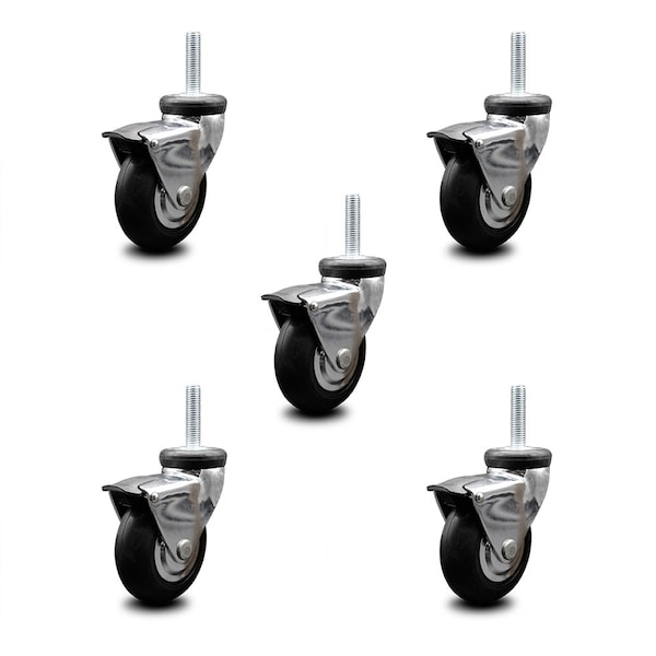 Service Caster 3 Inch Hooded Neoprene Rubber 8mm Threaded Stem Casters with Brakes SCC, 5PK SCC-TS03S310-NPRB-BC-B-M815-5 - main